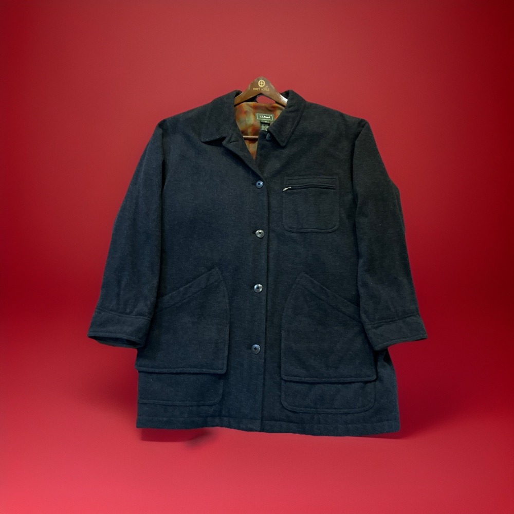 Vintage 80's LL Bean Wool Nubuck Leather Trim Jacket Womens 1X Plus Overcoat